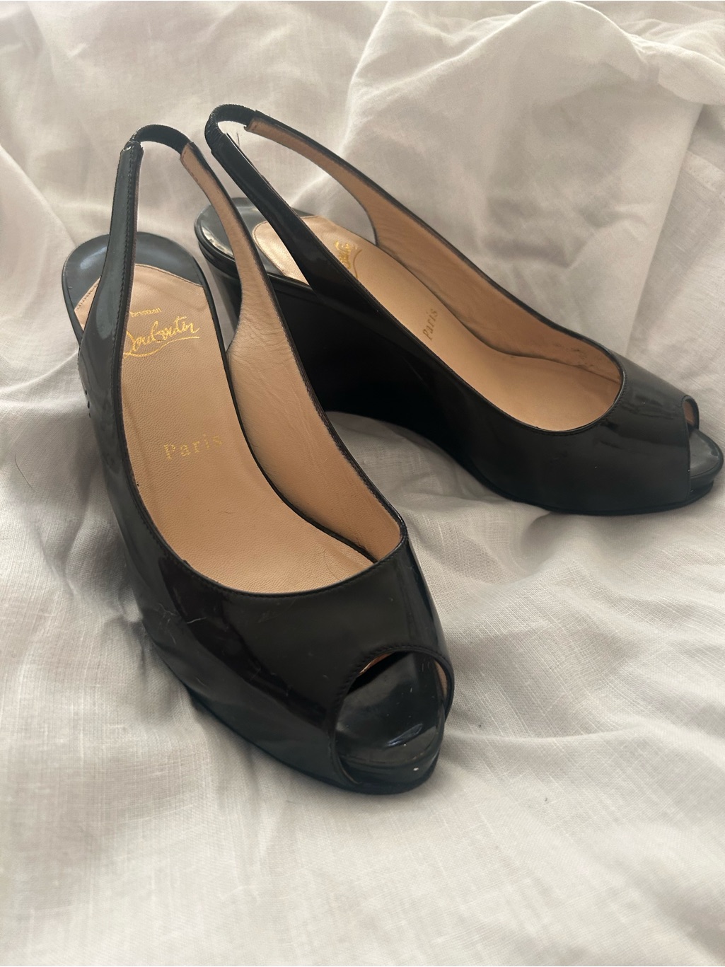 Christian Louboutin Black Patent Peep-Toe Slingback Wedges